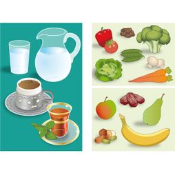 gezond eten drinken water koffie thee groente fruit sla paprika tomaat broccoli wortelen champignons bonen dadels banaan appel peer noten illustratie
