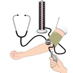  	bloeddruk meten stethoscoop arm arts patiënt verpleegkundige illustratie