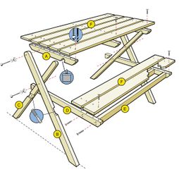 picknicktafel  hout timmeren schroeven zagen handleiding exploded view illustratie