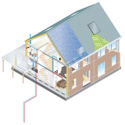 duurzaam bouwen woning huis doorkijk isometrisch technische installaties beton prefab illustratie