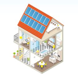 besparen energie huis doorsnede kamers dak zonnepanelen slimme meter illustratie