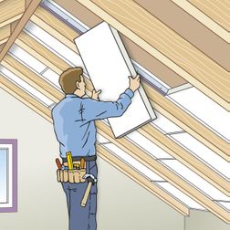hellend schuin dak klusser zelf doen isoleren isolatiemateriaal gereedschap zolder huis illustratie tekening