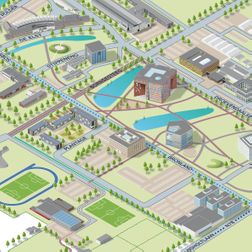 plattegrond wageningen universiteit straten gebouwen groenvoorzieningen waterpartijen sportvelden wegen fietspaden voorzieningen parkeren omgeving tekening uitsnede