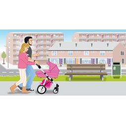 nieuwbouwwijk flats huizen buiten wandelen jonge ouders kinderwagen baby bankje