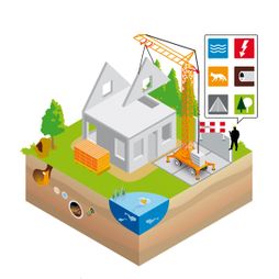 huisje bouwen bouwkraan opzichter projectleider materiaal beton illustratie